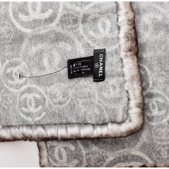 Chanel XL scarf shawl reversible 37" x 78" cashmere fur orylag gray rabbit 12k - Picture 2 of 16